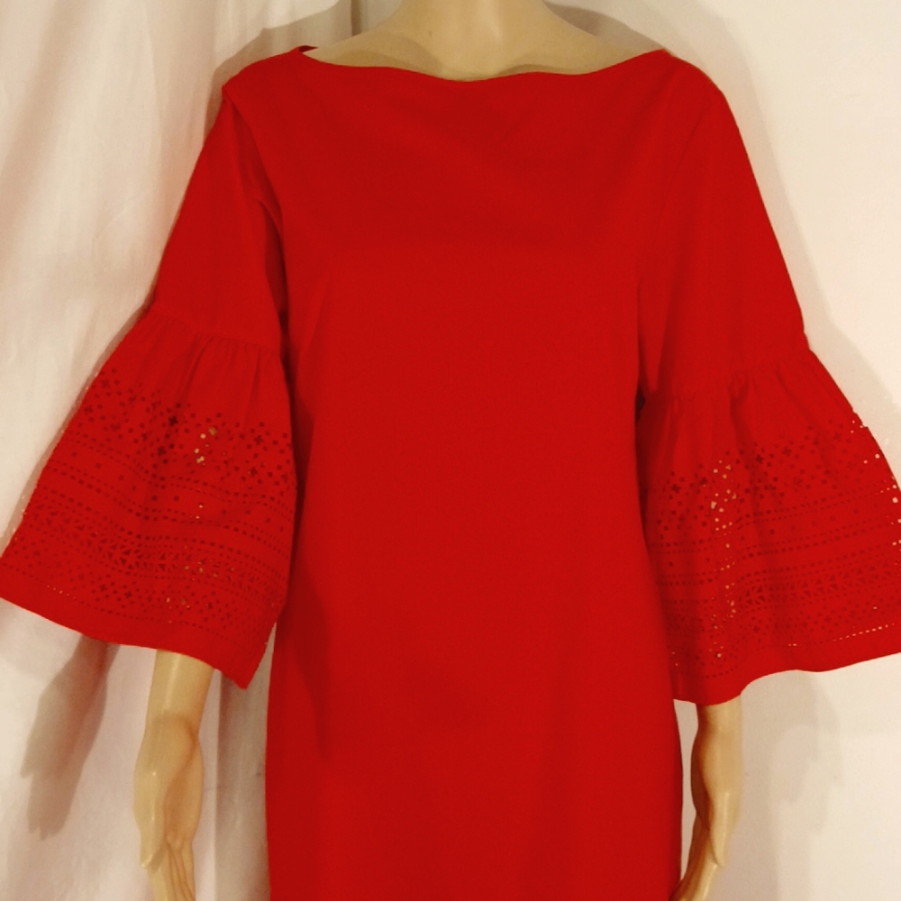 NWT Lauren Ralph Lauren Red Boat Neck Bell Sleeve Dress - Picture 6 of 12